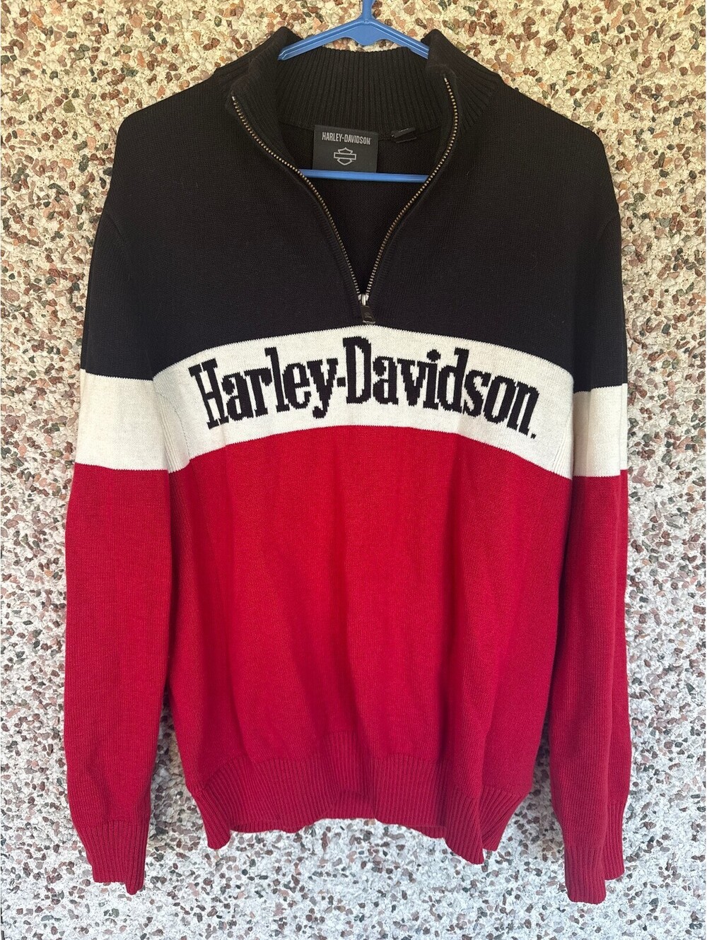 Harley Davidson 1/4 Zip Sweater Black Red Colorblock Cotton Wool M